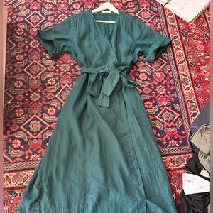 EVERLANE Linen Midi Wrap Dress Emerald/Garnet Green Size L Classic